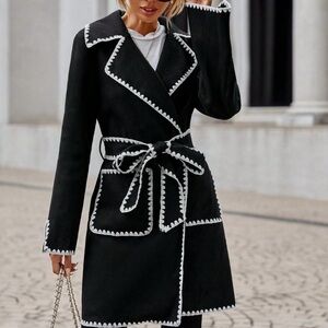 Black Elegant Womens  Contrast Binding Lapel Neck Belted Overcoat